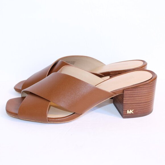 Michael Kors Abbott Tan Leather Cognac Criss Cross Slide Mule Sandal Heel Sz 6 - Picture 6 of 14